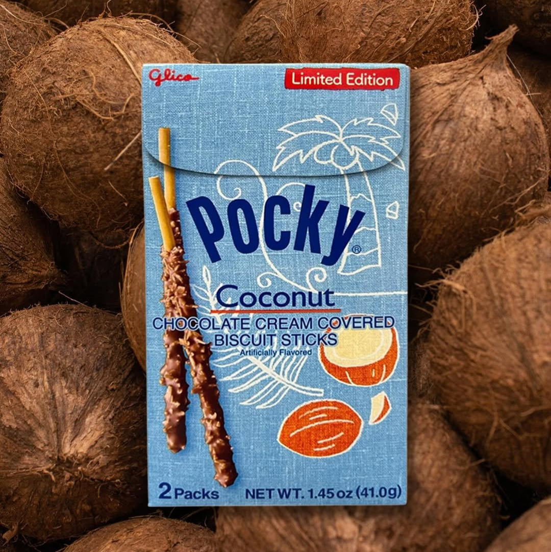 Pocky Coconut packaging with coconuts in the background