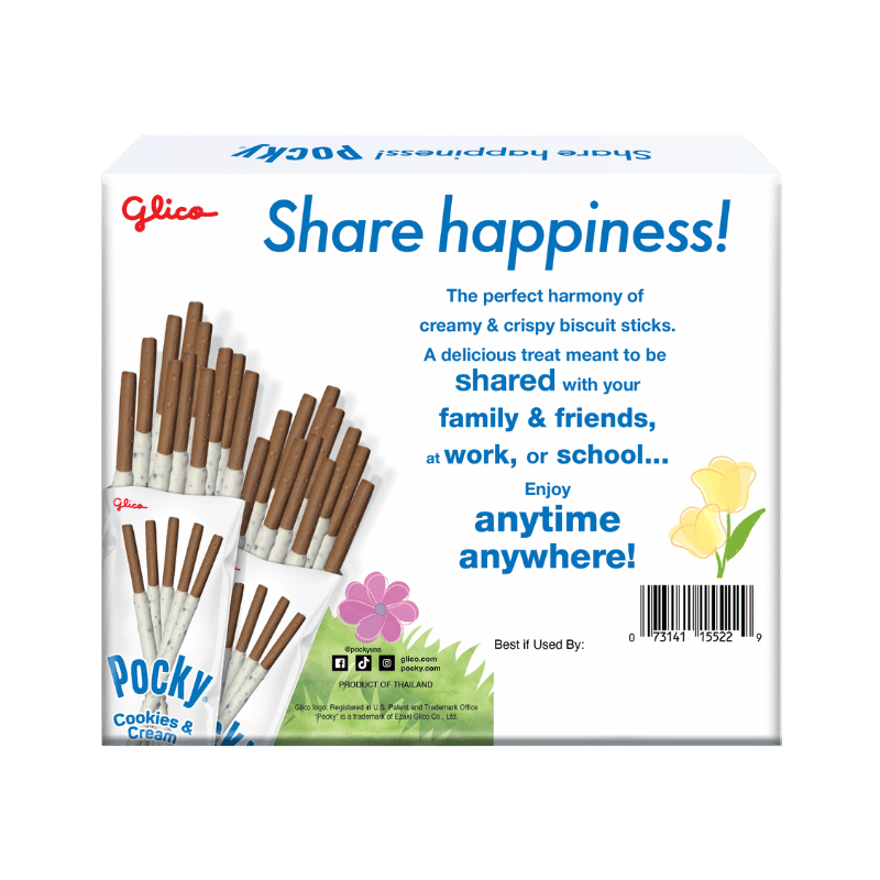 A back side packaging of Easter Pocky Cookies & Cream Share Pack