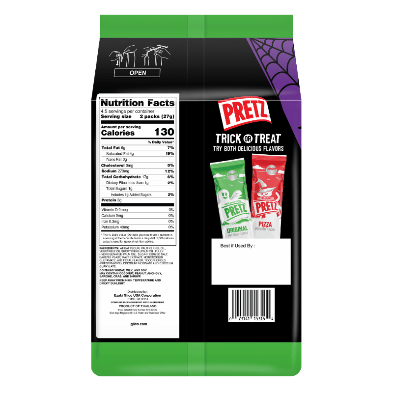 Halloween PRETZ Family Pack -Original Flavor - Back Packaging - Ingredients & Nutrition Facts