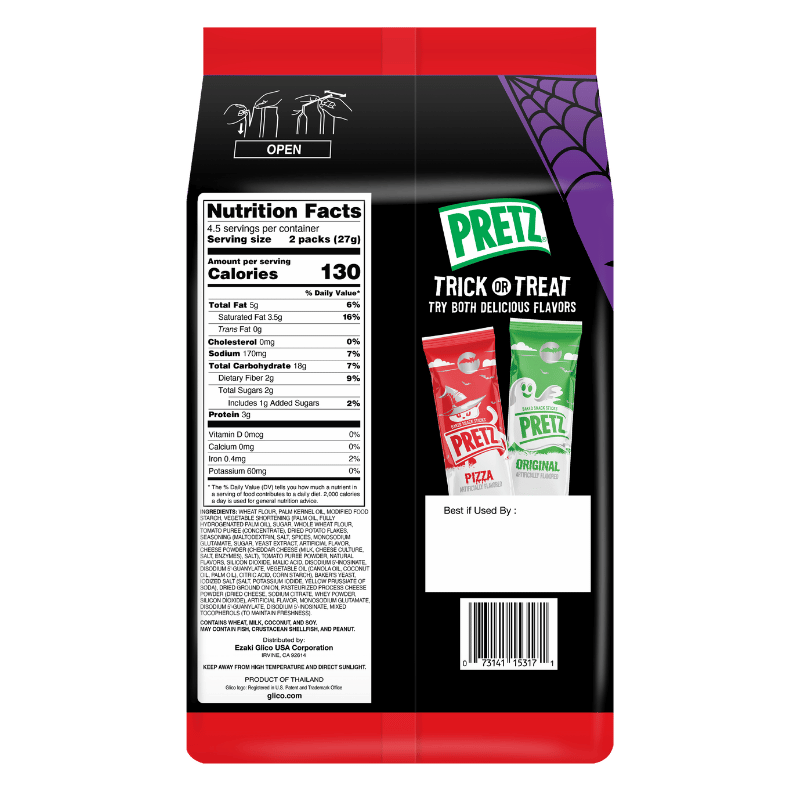 Halloween PRETZ Family Pack - Pizza Flavor - Back Packaging - Ingredients & Nutrition Facts