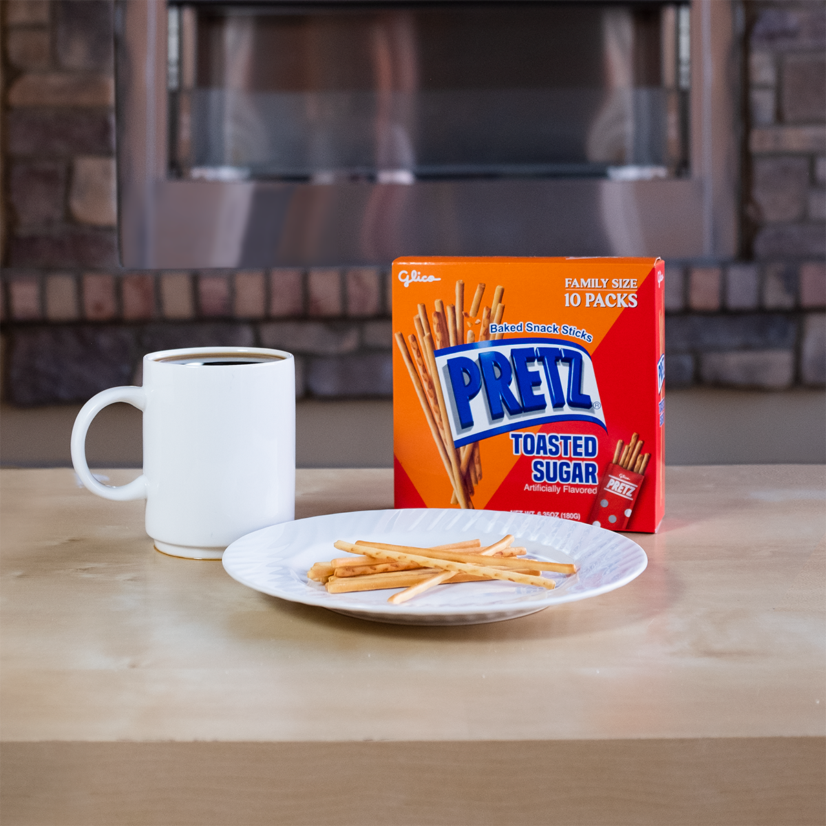 Pretz Toasted Sugar Baked Snack Sticks and coffee