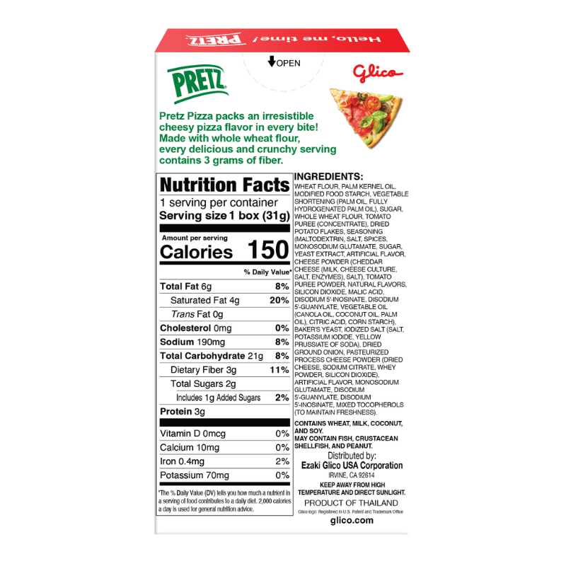 Nutrition facts label and ingredients list for Pretz Pizza Non-GMO packaging.