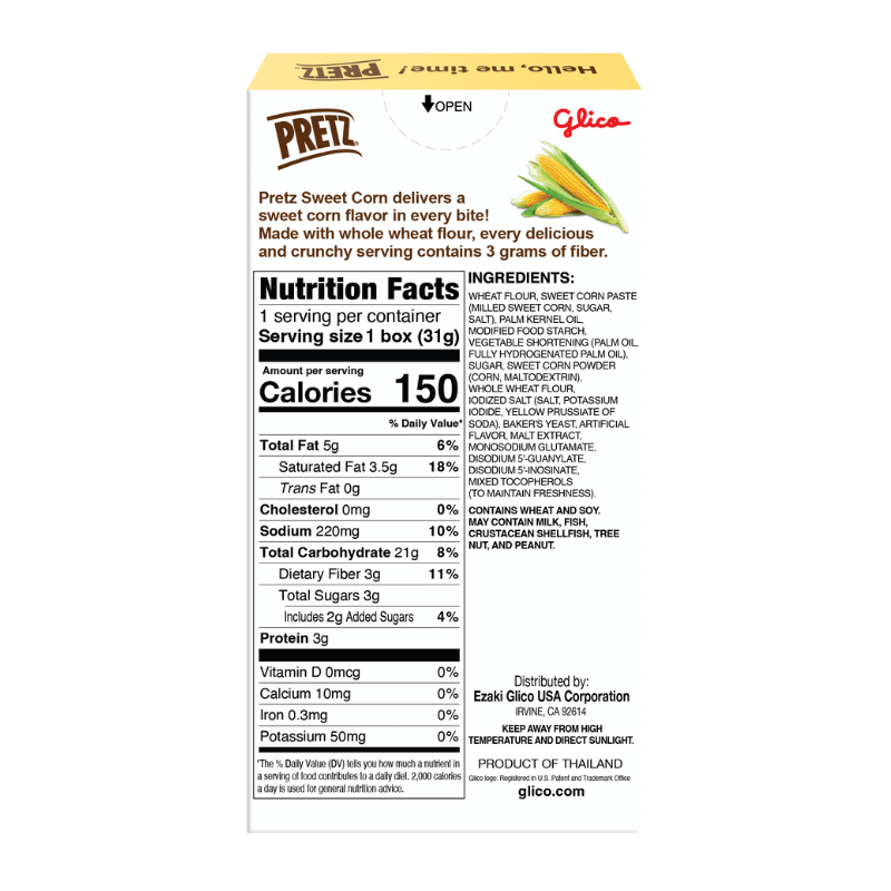 Glico Pretz Sweet Corn packaging with nutrition facts label on a white background