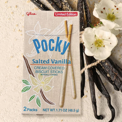 Pocky Salted Vanilla with vanilla bean and flowers background