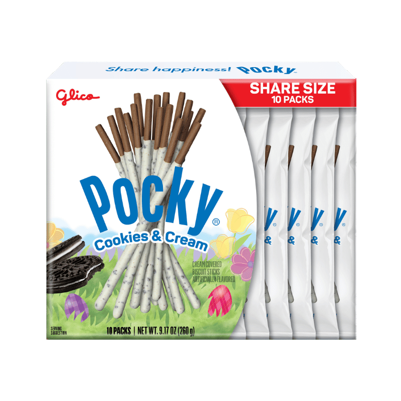 A front side packaging of Easter Pocky Cookies & Cream Share Pack