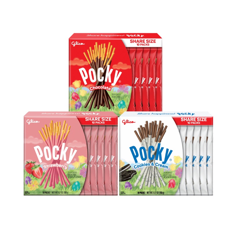 3 flavors of Easter Pocky Share Pack, including Chocolate, Strawberry, and Cookies & Cream