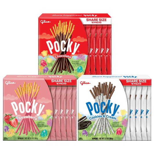 Easter Pocky Share Pack Packaging for All 3 Flavors - Chocolate, Strawberry, and Cookies & Cream.