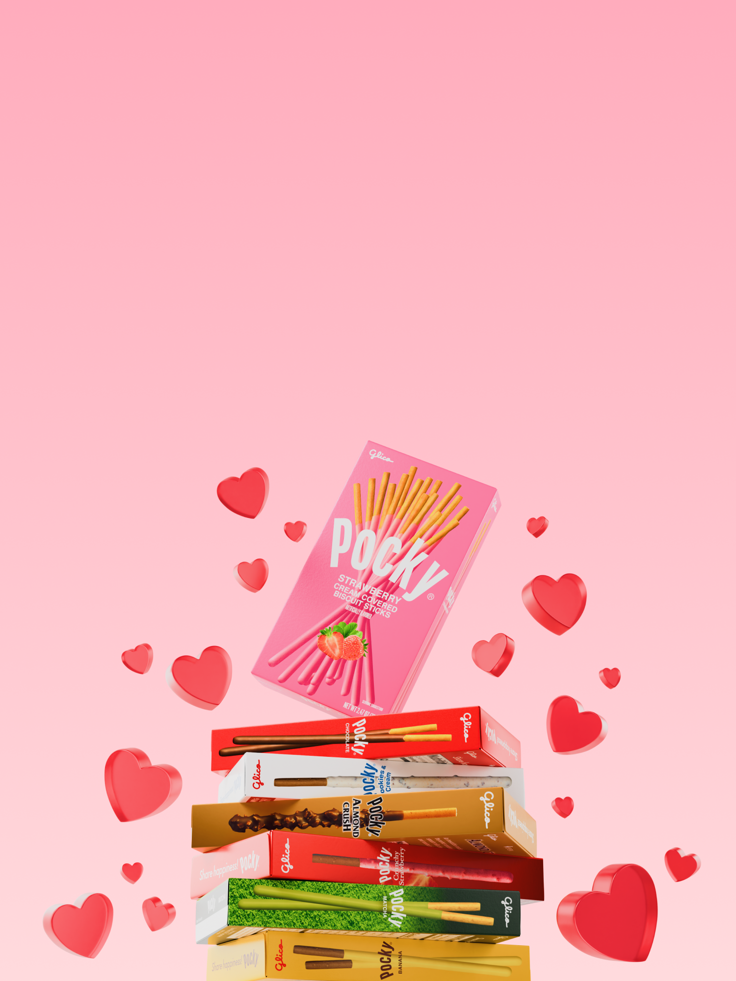 Pocky boxes with heart decorations on a pink background