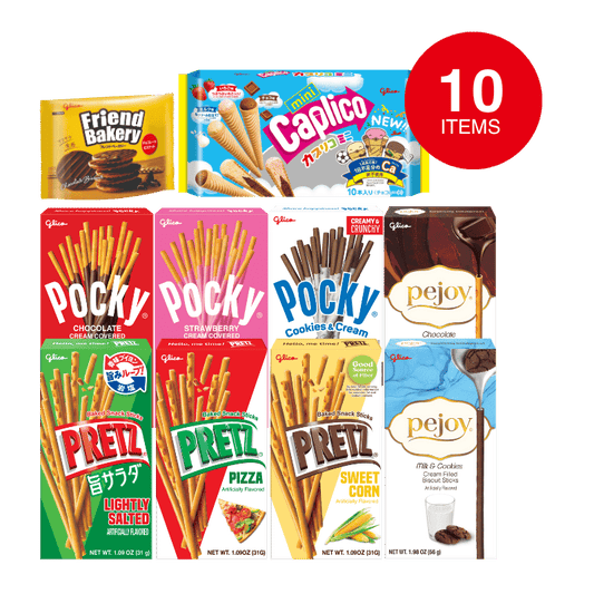 Assorted snack packages including Pocky, Pretz, Pejoy, Caplico, and Friend Bakery.