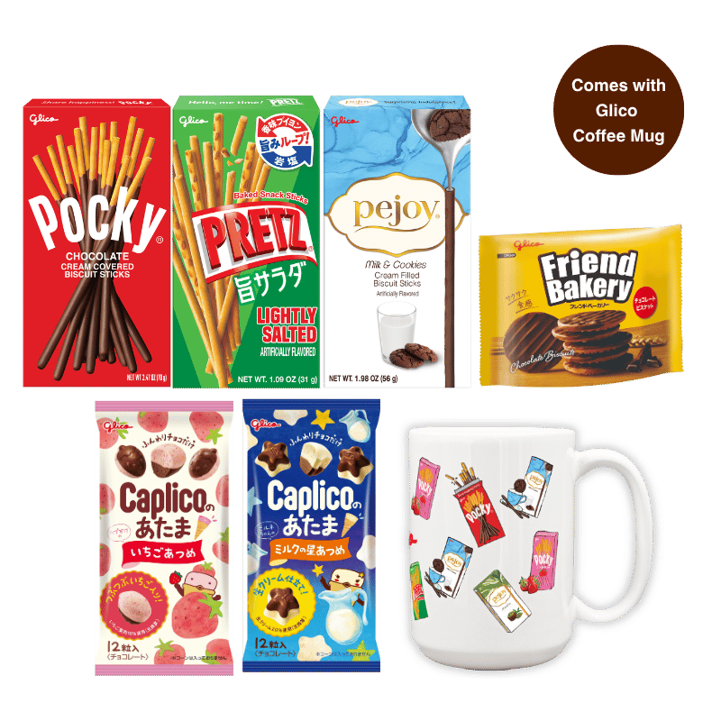 Assorted snack bundle including Caplico, Friend Bakery Pocky, Pretz, Pejoy, and Glico Mug