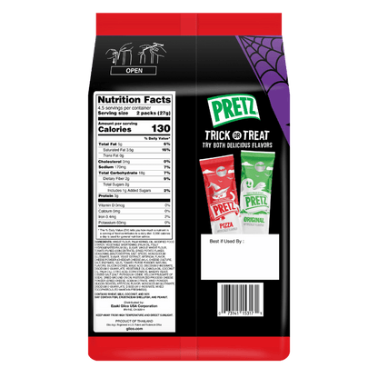 Halloween PRETZ Family Pack - Pizza Flavor - Back Packaging - Ingredients & Nutrition Facts