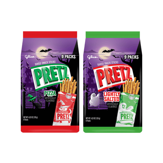 An image of PRETZ Halloween Pack Pizza packaging and Halloween Pack Lightly Salted packaging.