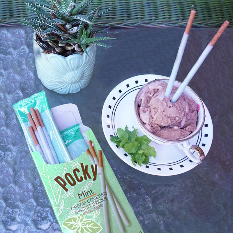 A package of Pocky Mint alongside a cup of chocolate ice cream with two Pocky Mint sticks inserted, set on a dark textured tabletop next to a potted succulent.
