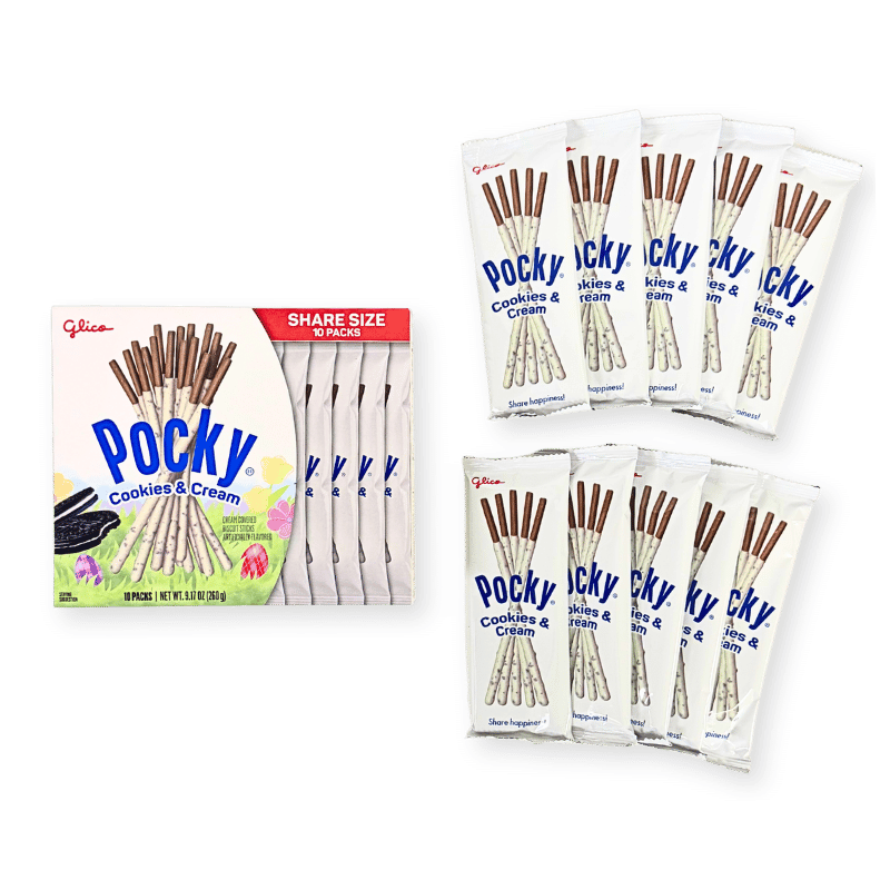 Easter Pocky Cookies & Cream Share Size Packaging and 10 Pouches Inside.
