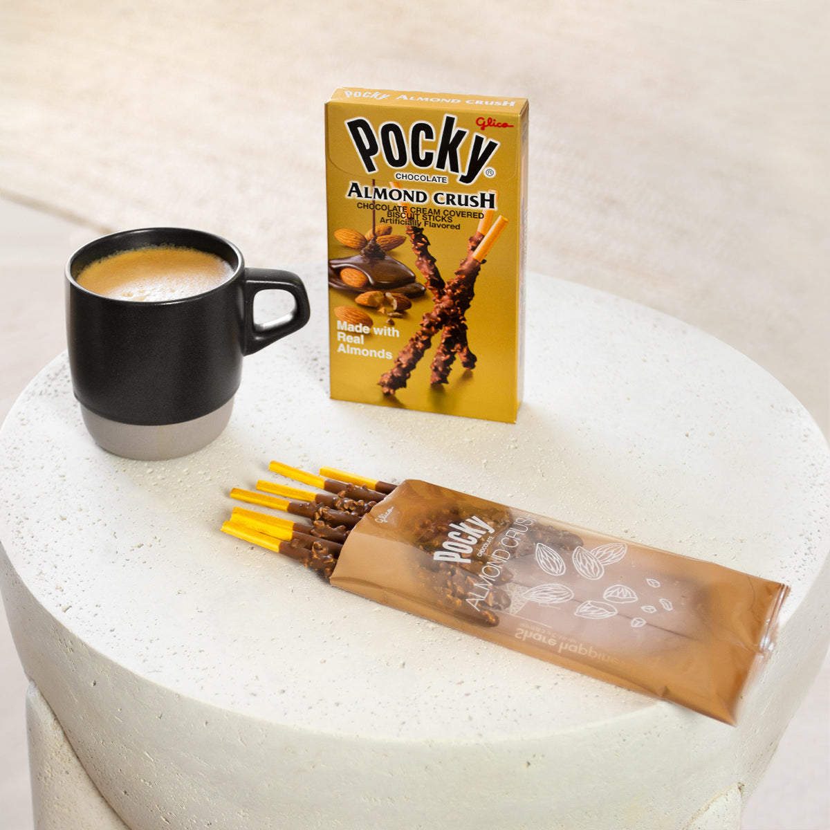 Pocky Almond Crush on table with coffee