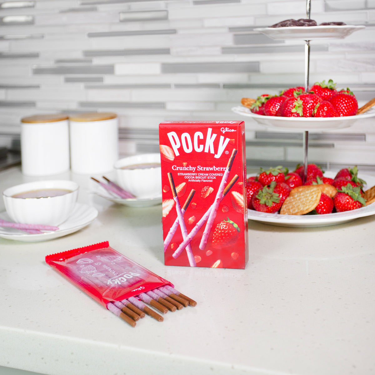 Pocky Crunchy Strawberry on table with serving tray