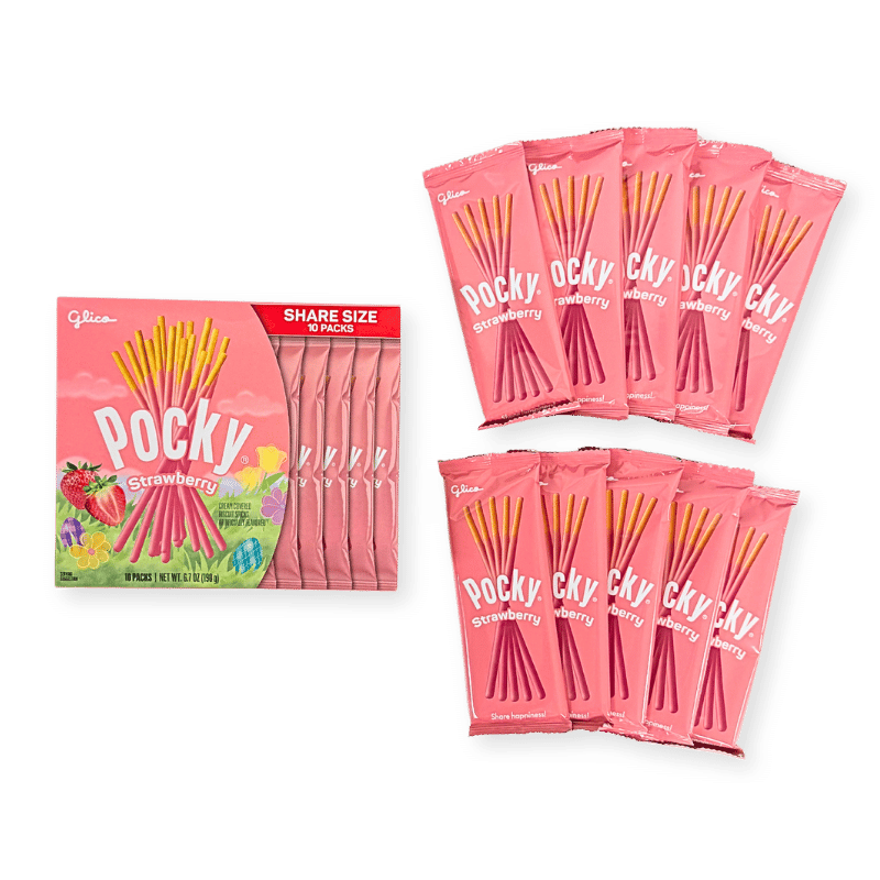 Easter Pocky Strawberry Share Size Packaging and 10 Pouches Inside.