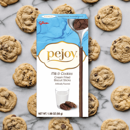 Pejoy Milk & Cookies with Chocolate Chip Cookies Background