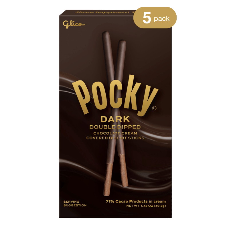 Pocky Dark Double Dipped Chocolate Cream Covered Biscuit Sticks in a 5-pack box, featuring a dark brown background with gold lettering and two biscuit sticks depicted on the front.