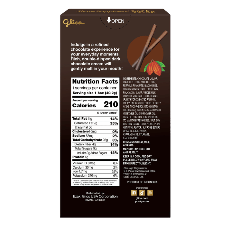 The back of Pocky Dark Double Dipped, showing the nutrition facts panel, ingredients list, and product description in white text on a dark brown background with illustrations of chocolate and cocoa.