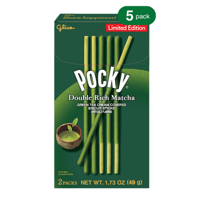 Front packaging of Pocky Double Rich Matcha with "5-pack" label