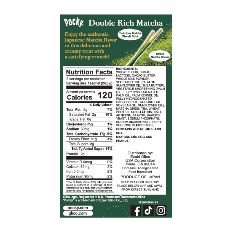 Pocky Double Rich Matcha packaging with nutrition facts and ingredients list on a green background