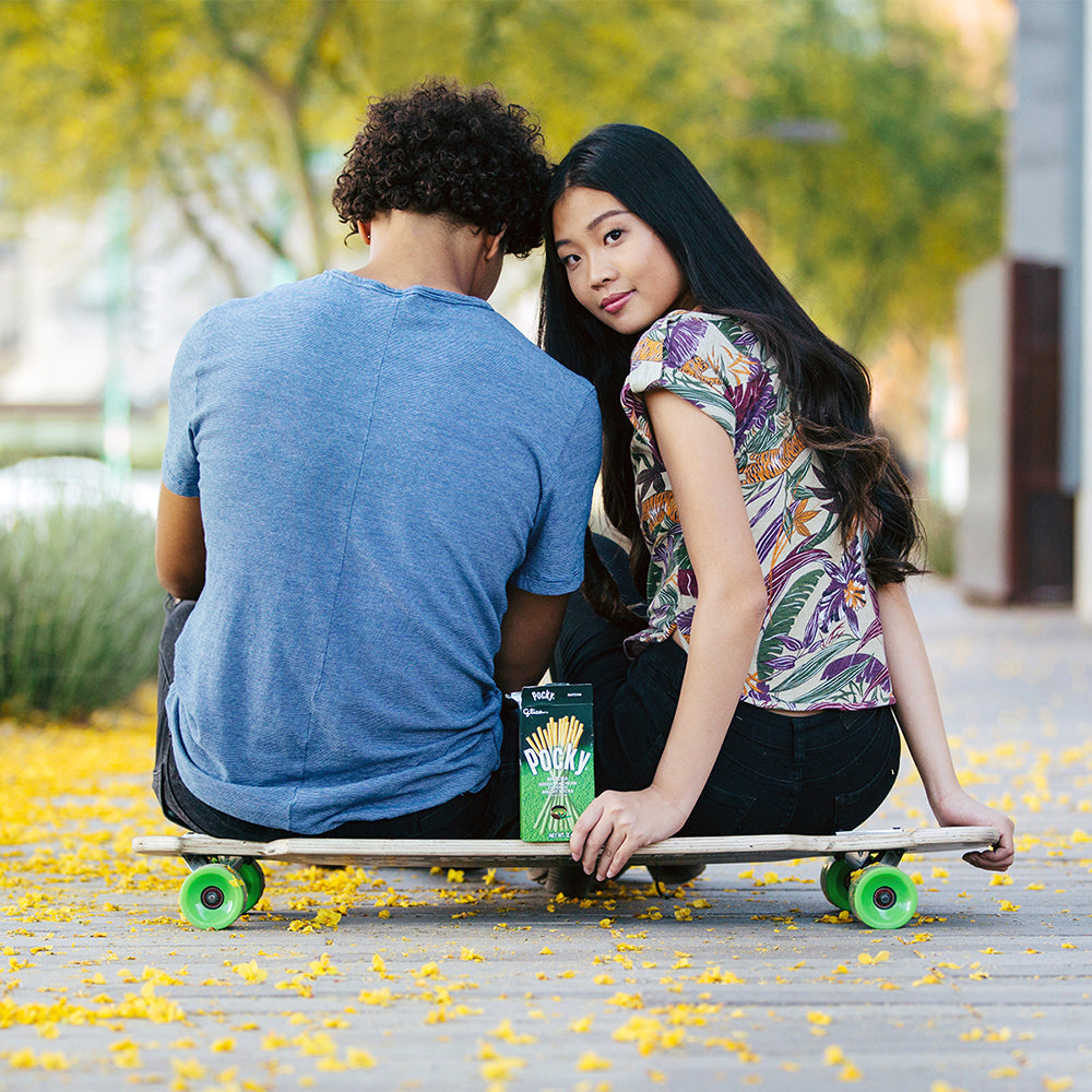 Pocky Matcha Share Happiness couple on skateboard