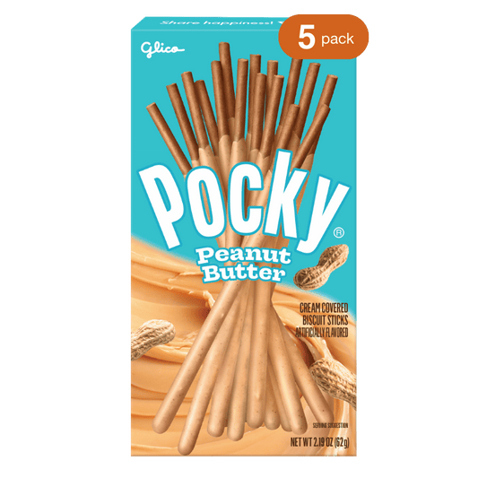 Pocky Peanut Butter Front Packaging with Pocky logo, sticks, and peanut butter paste.