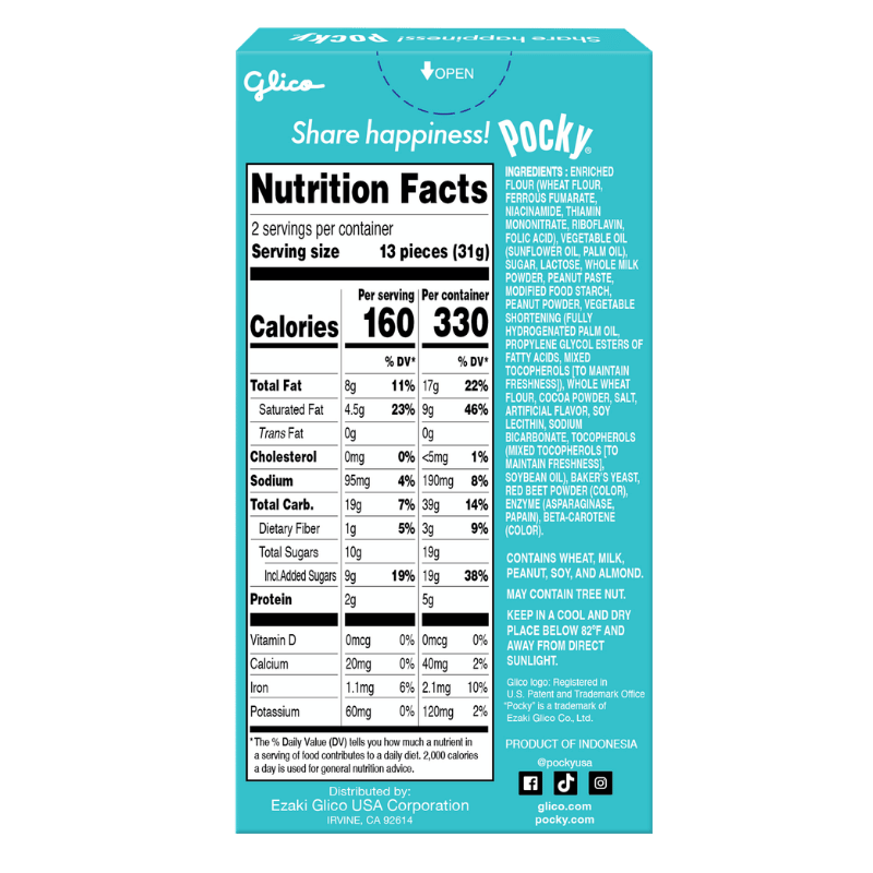 Pocky Peanut Butter packaging - back side - nutrition facts and ingredients.