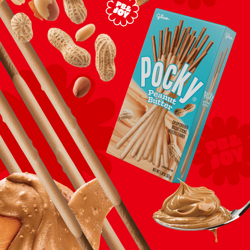 Pocky Peanut Butter flavor packaging with sticks and peanut butter on a red background