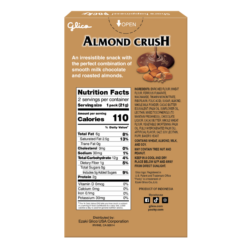 Pocky Almond Crush (Non-GMO) - back side with nutrition facts and ingredients list.