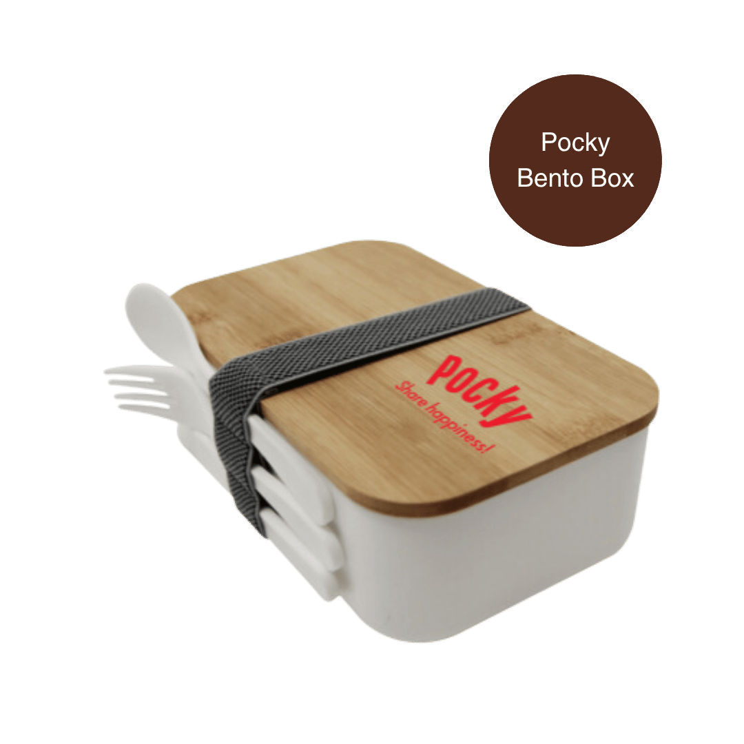 Pocky bento box with wooden lid and white body, featuring a fork and knife set, on a transparent background.