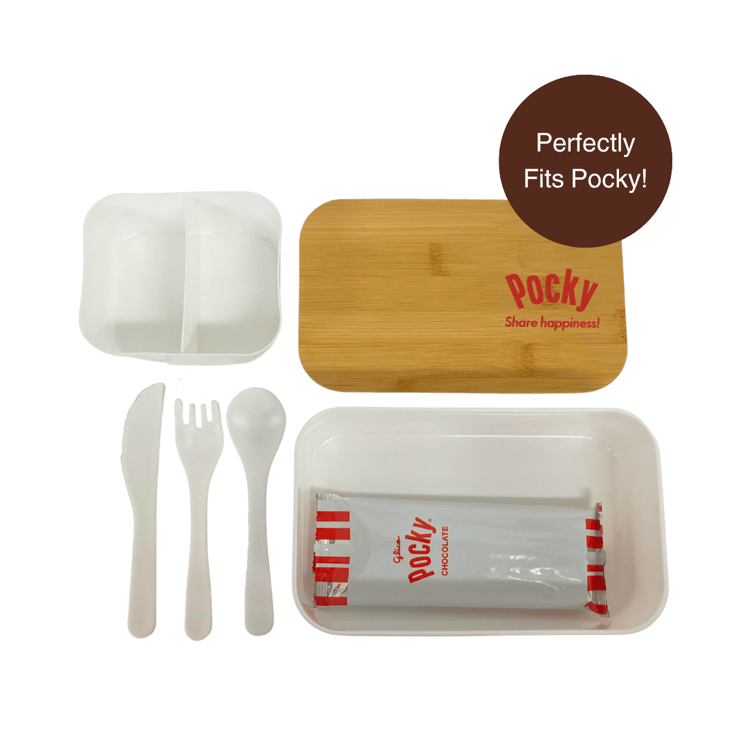 Pocky Bento Box Inside Content including knife, fork, and spoon. Pocky perfectly fits inside the bento box.