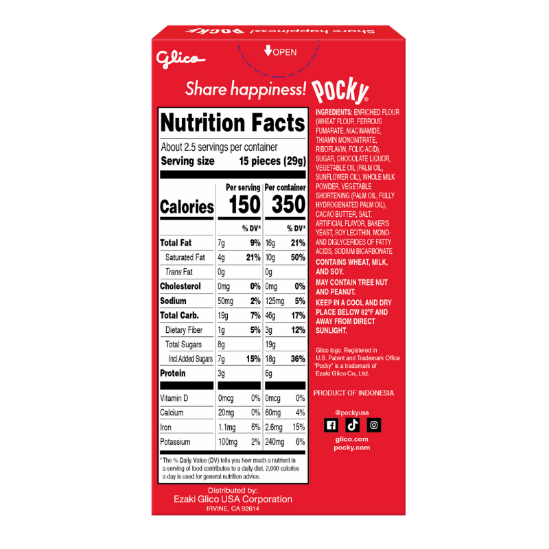 Pocky nutrition facts label on a red background