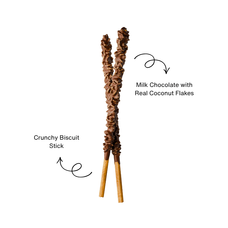 Two milk chocolate biscuit sticks with coconut flakes drizzle with descriptive text labels.