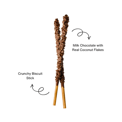 Two milk chocolate biscuit sticks with coconut flakes drizzle with descriptive text labels.
