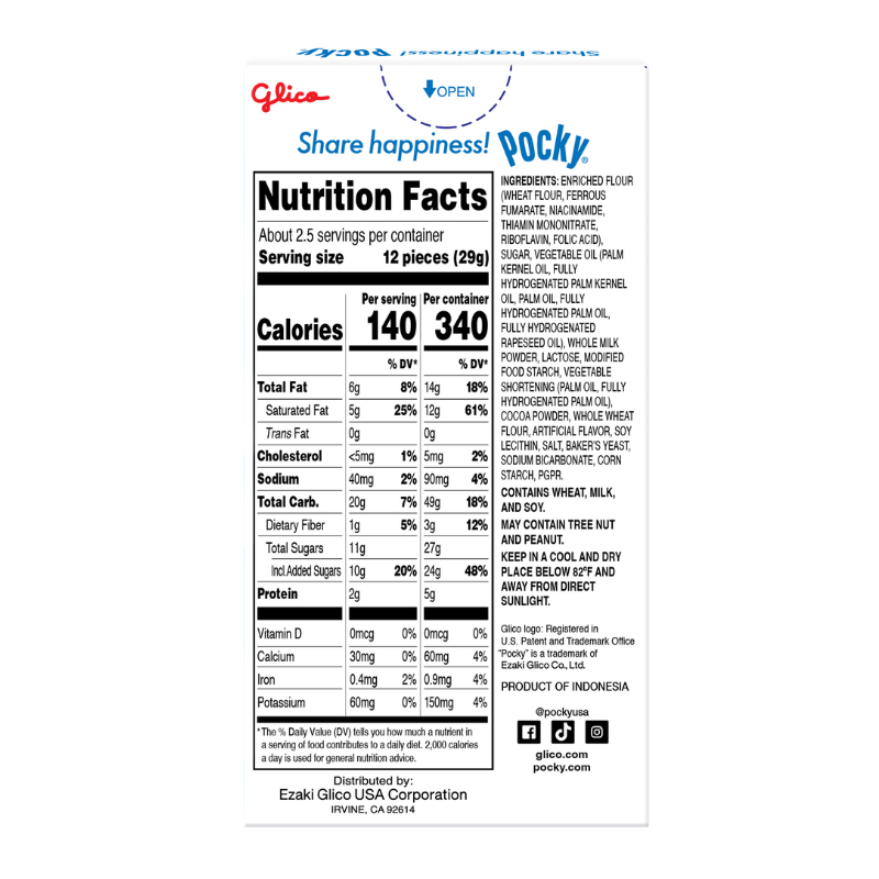 Pocky Cookies & Cream 2.14 oz Packaging - Back side with nutrition facts and ingredients.