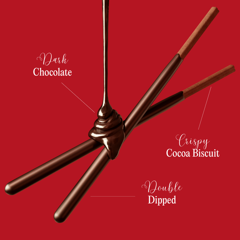 Dark chocolate dripping onto two-crossed Pocky Dark Double Dipped sticks.
