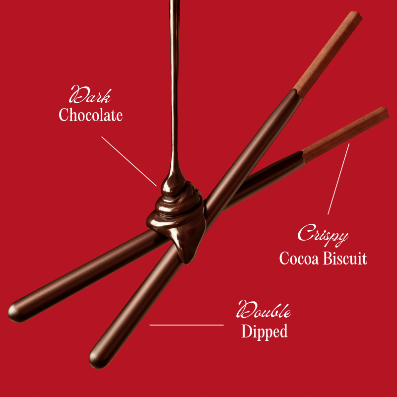 Dark chocolate dripping onto two-crossed Pocky Dark Double Dipped sticks.