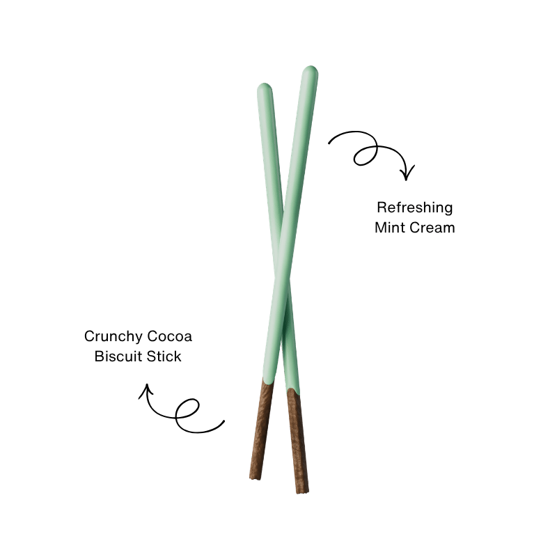 Two crossed Pocky cocoa biscuit sticks covered in refreshing mint cream.