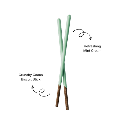 Two crossed Pocky cocoa biscuit sticks covered in refreshing mint cream.