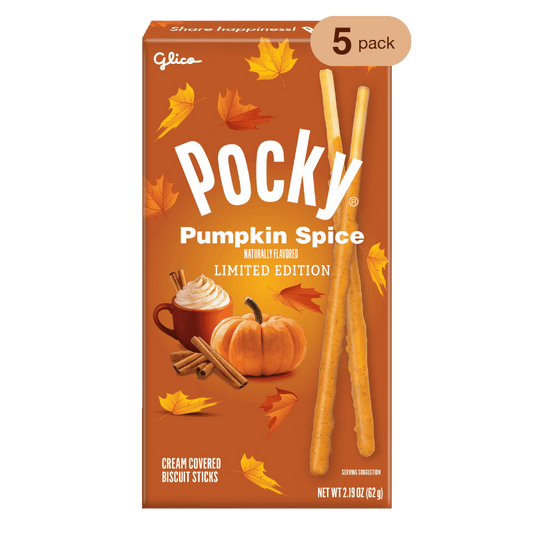 Image of Pocky Pumpkin Spice 2.19 oz - Limited Edition - Front Packaging with "5-pack" label.