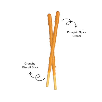 Image of two Pocky Pumpkin Spice sticks crossed over each other with text labels pointing to the cream coating and biscuit stick base.