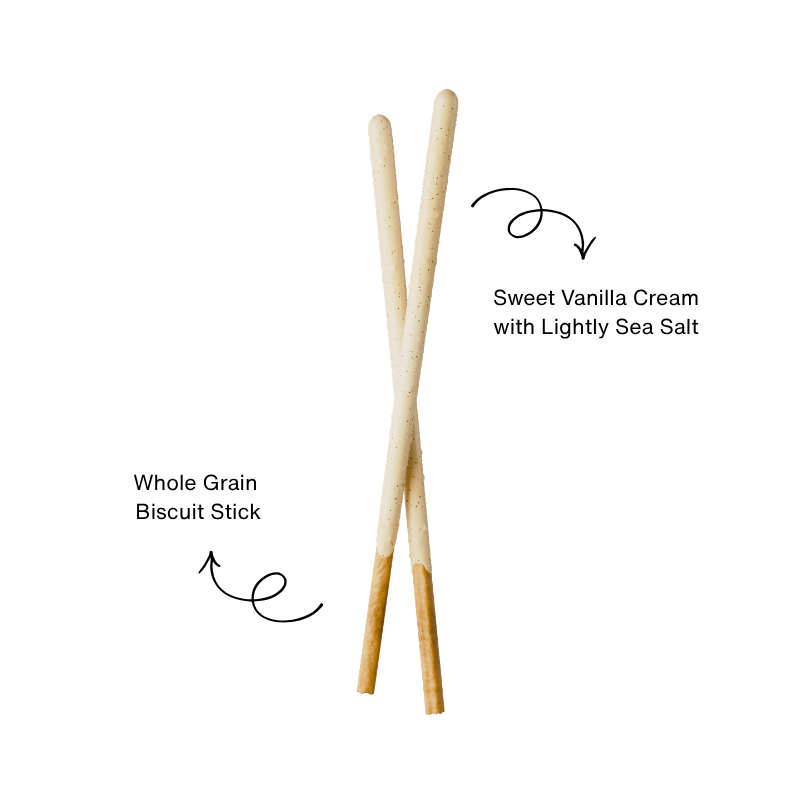 Two Pocky Biscuit Sticks with Sweet Vanilla Cream with Lightly Sea Salt.