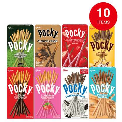 8 Pocky boxes with a red circular badge that says '10 ITEMS'. The boxes show flavors including Matcha, Almond Crush, Crunchy Strawberry, Banana, Chocolate, Strawberry, Cookies & Cream, and Peanut Butter.