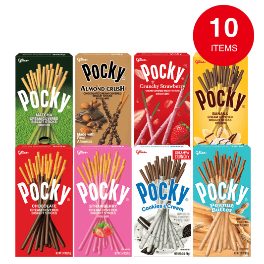 8 Pocky boxes with a red circular badge that says '10 ITEMS'. The boxes show flavors including Matcha, Almond Crush, Crunchy Strawberry, Banana, Chocolate, Strawberry, Cookies & Cream, and Peanut Butter.