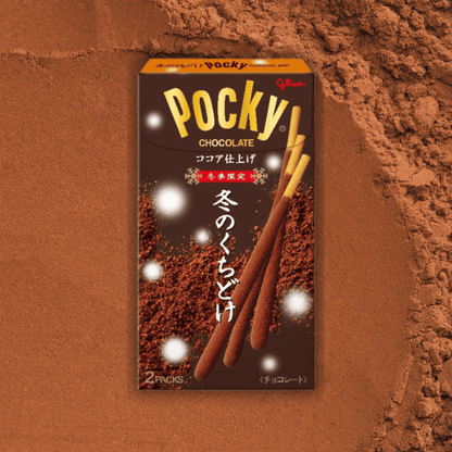 Pocky Winter Melty package on cocoa powder background