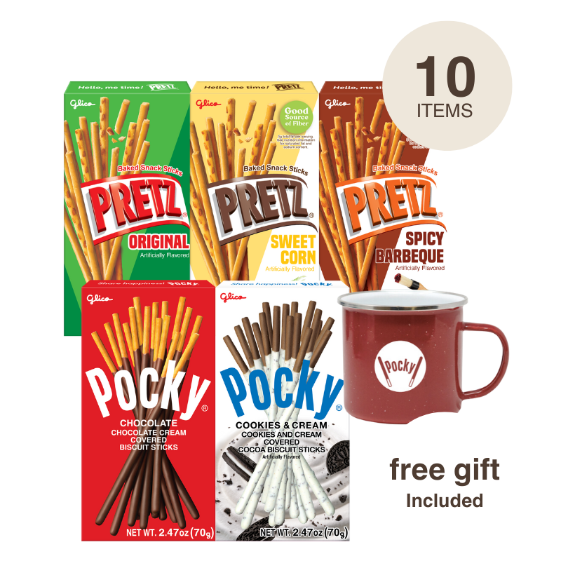 Pocky and Pretz bundle packaging with red camping mug