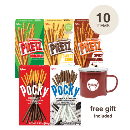 Pocky and Pretz bundle packaging with red camping mug