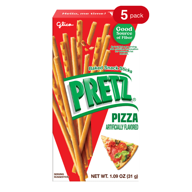 Front packaging of Pretz pizza-flavored baked snack sticks with a red and white design.